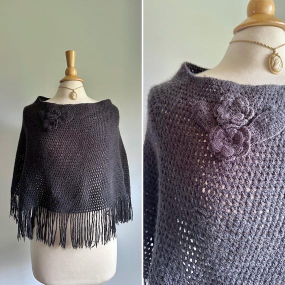 Vintage super soft alpaca wool woven sweater wrap poncho, shawl, black woven with floral design on shoulder, fringe