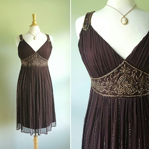 Vintage 1990s does 1920s 1930s chocolate brown silk beaded flapper dress, party, formal, wedding, never worn, medium
