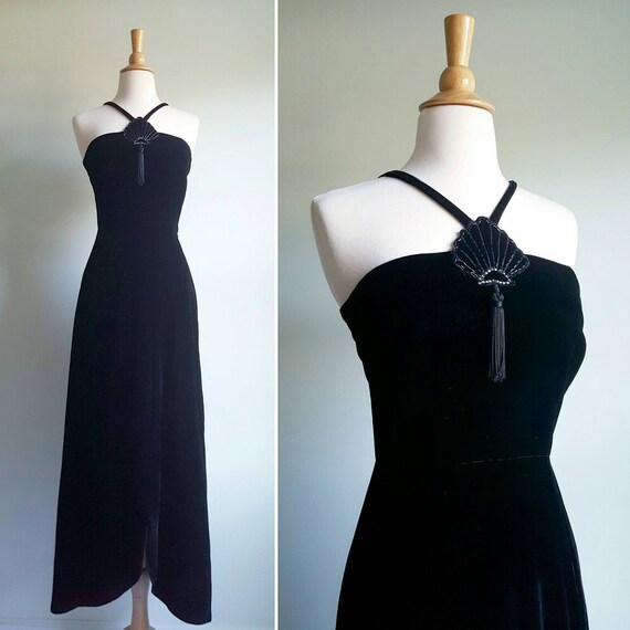 Vintage 1970s does 1930s dress, long black silk ve