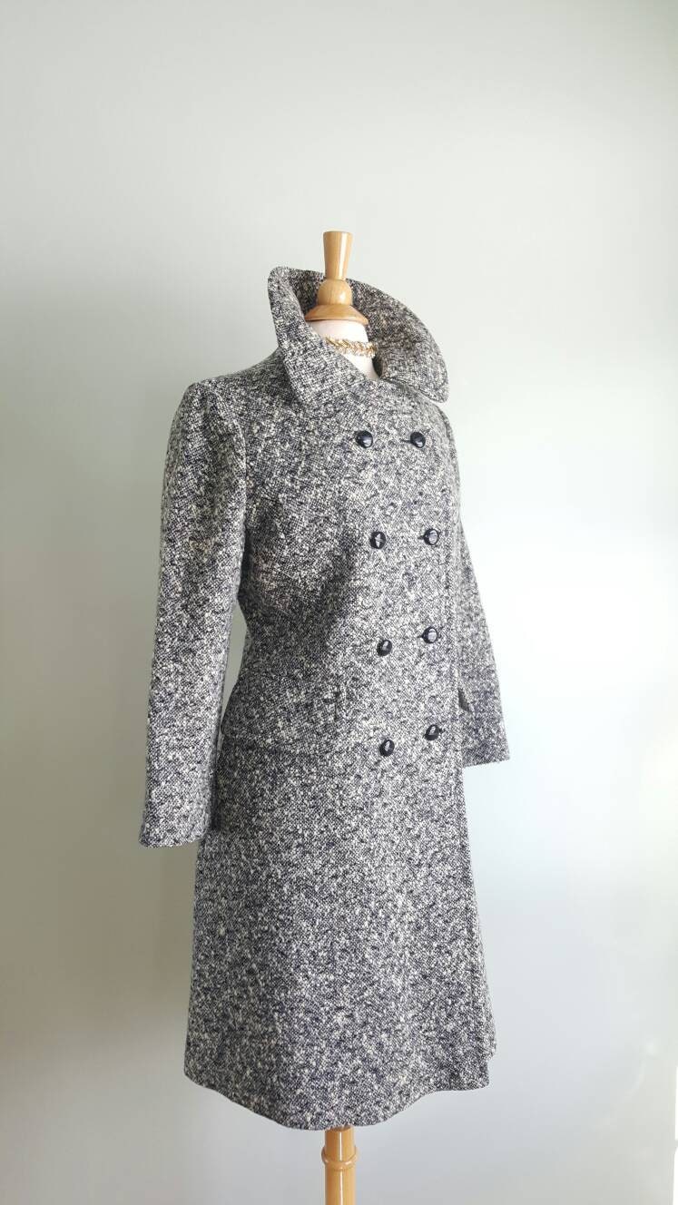 90s Vintage Black & White Tweed Wool Coat 18