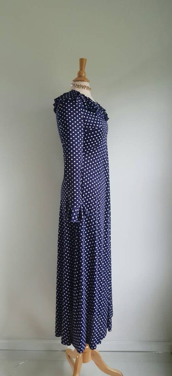 Vintage 1960s 1970s navy blue polka dot long dress, l… - Gem