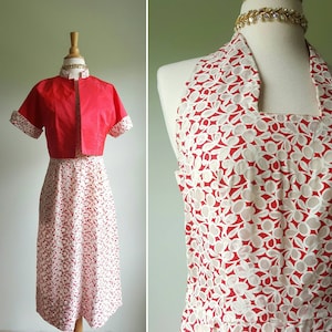 Vintage 1930s 1940s halter dress and jacket suit, red and white sheer floral heart voile, red Mandarin collar bolero