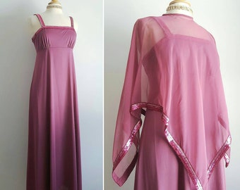 Vintage 1970s does 1930s mauve rose pink long dress and chiffon cape, sequin trim, empire waist gown, party, formal, wedding