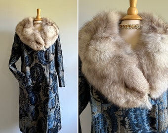 Vintage 1960s 1970s tapestry and collar coat, blue, gray, black abstract, formal dress or casual, medium