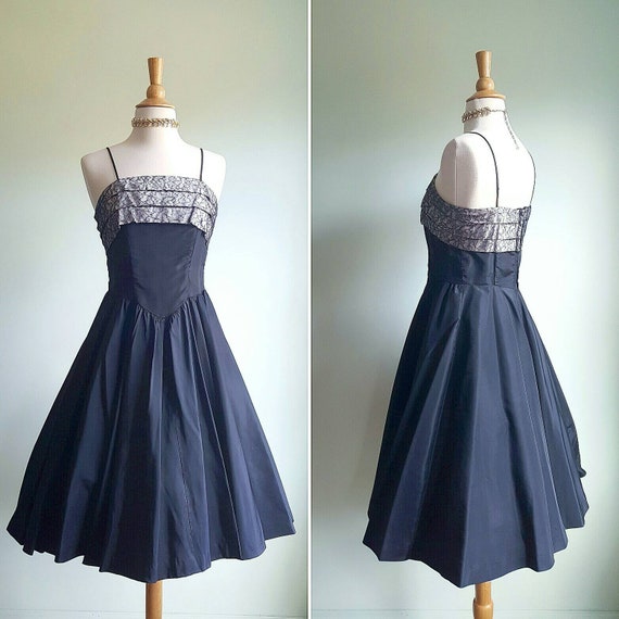 Vintage 1950s black party dress, taffeta formal g… - image 1