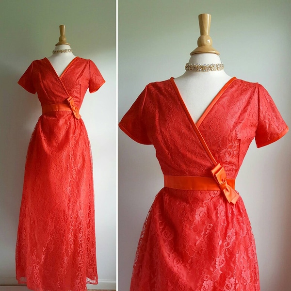 Vintage 1960s 60s red Emma Domb lace long dress, cocktail formal party gown, short sleeves, V neck, satin trim and bow accent