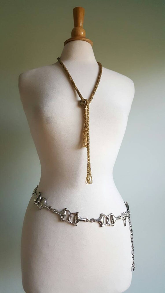 Vintage equestrian horse bit chain belt, silver to