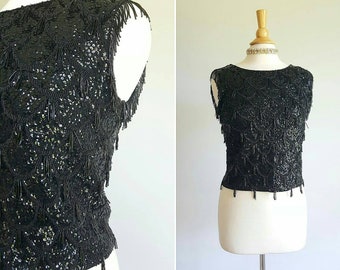 Vintage 1950s 1960s heavily beaded black sequin sleeveless dress top, sweater shirt, wedding, formal, fringe cap sleeves, Hong Kong, medium