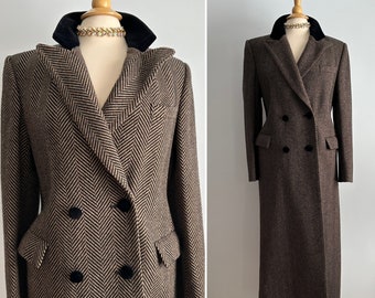 British designer Aquascutum camel tan and black herringbone tweed long coat, 1940s riding coat look, velvet trim, London formal dress casual