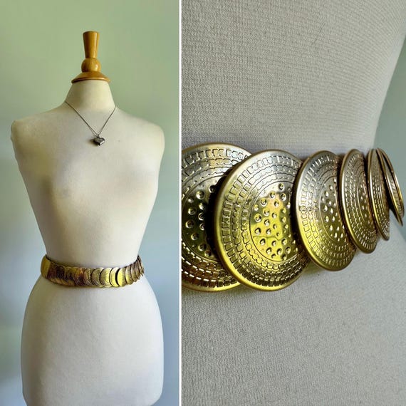 Vintage Shiny Bright Gold Medallion Chain Belt, Elastic  display picture 1