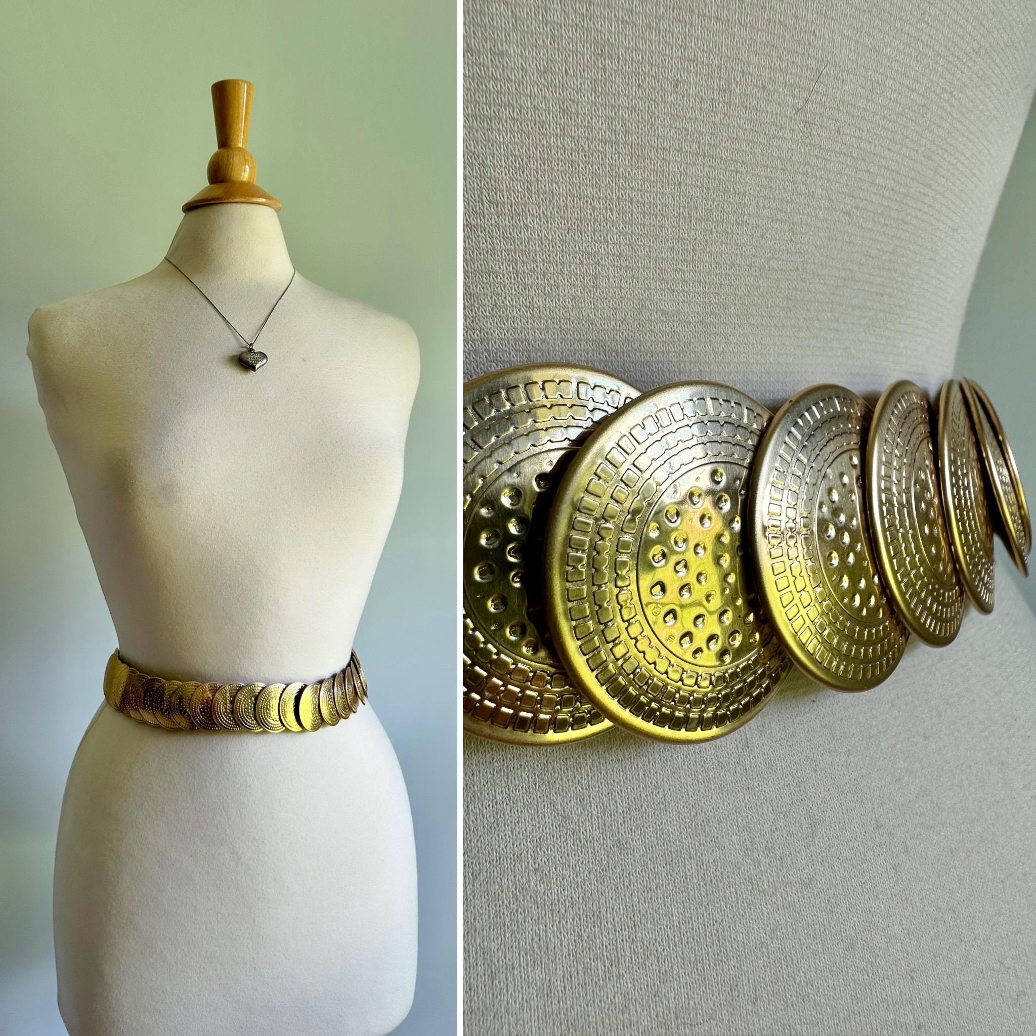 Vintage Gold Stretch Belt with Decorative Medallion Vintage Gold Concho Chain Belt: Western Boho Statement Waist  main image 3