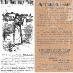 Vintage antique 1800s Victorian, Edwardian art lithograph, Village Belle by Percy Moran, eggshell paper; poster advertising, late 1800s imagen 9
