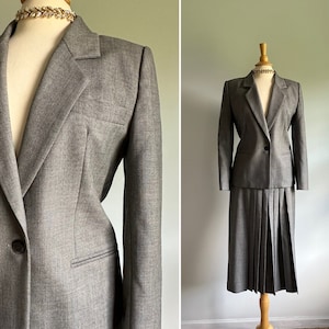 Vintage 1990s does 1930s 1940s gray wool skirt suit, pleated straight skirt, dress blazer jacket coat, medium