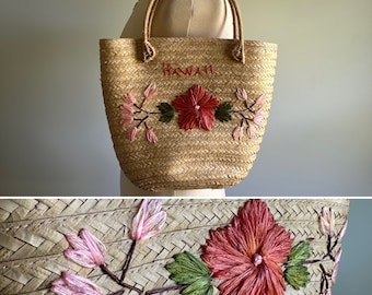 Bolso de mano vintage tropical hawaiano, bolso tejido de rafia y paja con estampado floral, bolso pequeño, flores rosas, rojas y verdes de Hawái, vestido de playa, traje de baño