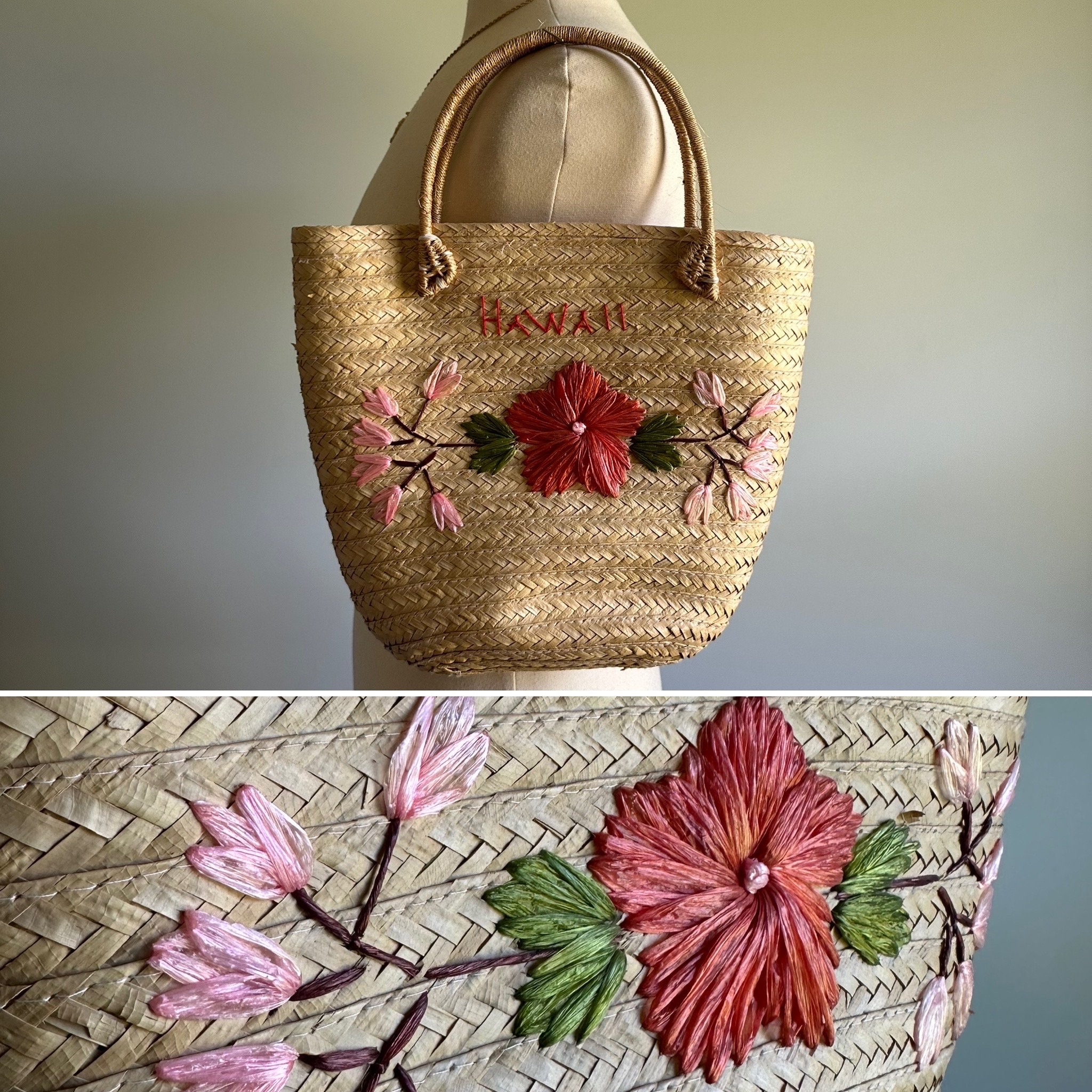 Vintage Tropical Hawaiian Purse Handbag, Floral Straw Raffia