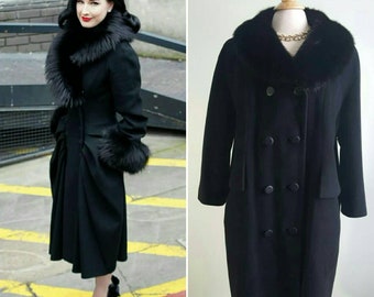 Vintage 1950s 1960s black wool cashmere coat sable fur collar, 50s 60s formal dress coat, cocktail wedding party, elegant