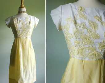 Vintage 1950s 1960s yellow taffeta party dress, yellow floral embroidery on white, cap sleeves, bow, wedding bridesmaid formal cocktail gown