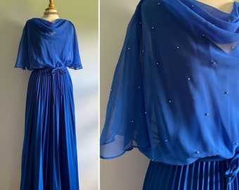 Vintage 1970s does 1930s cerulean bright blue long dress, sheer chiffon pearl stud capelet, wedding, formal gown