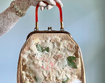 Bolso vintage de los años 50 y 60, tejido natural y flores de seda prensadas en 3D, estampado floral, rosa, verde, dorado, tostado, asa de lucita marrón, vestido de novia, fiesta