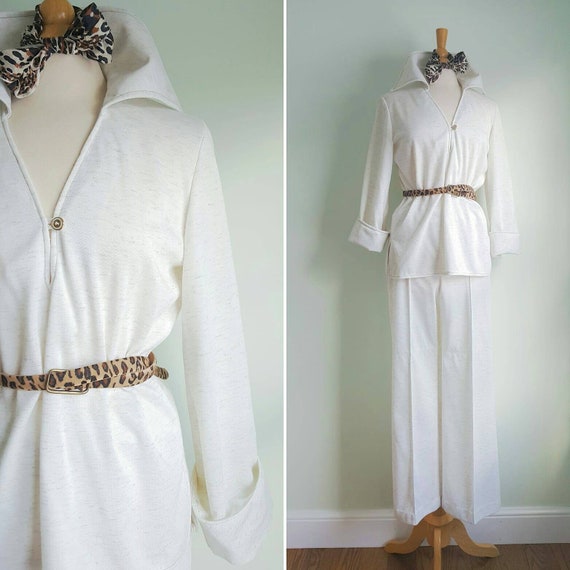 Vintage 1970s ivory heathered white linen look le… - image 1