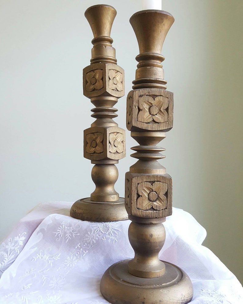 Vintage tall carved wood bronze floral turned candle holders centerpiece coffee table table great for mantel