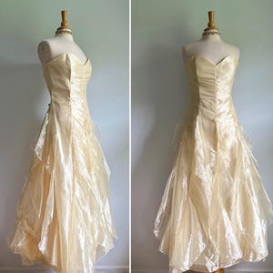 Vintage Jessica McClintock buttercup pale yellow strapless sweetheart dress, long formal gown, Belle ballgown, iridescent sheen wedding prom
