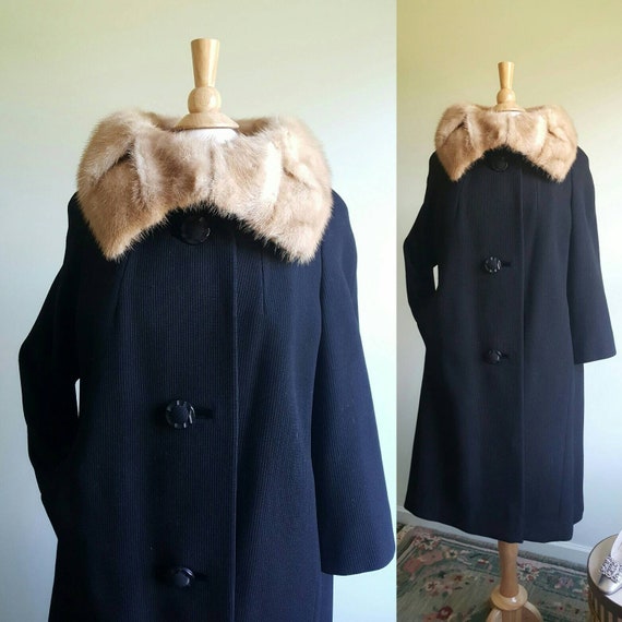 Vintage 1950s 50s swing coat with mink fur bow collar black | Etsy
