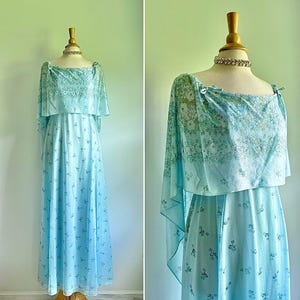Vintage 1960s 1970s long pale pastel blue floral capelet floaty sheer dress, pink, green, bows