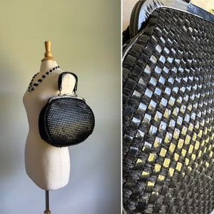 Vintage 1950s 1960s large black checkerboard purse, handbag,  formal dress or casual, curvy plastic handle, shiny woven mcm evening bag