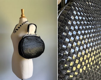 Vintage 1950s 1960s large black checkerboard purse, handbag,  formal dress or casual, curvy plastic handle, shiny woven mcm evening bag