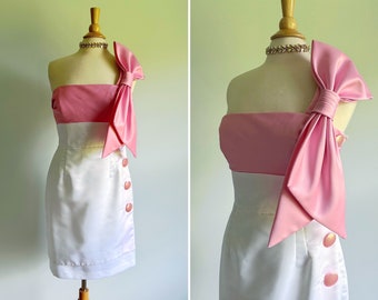 Vintage Betsey Johnson white satin with pink shoulder and huge bow formal dress