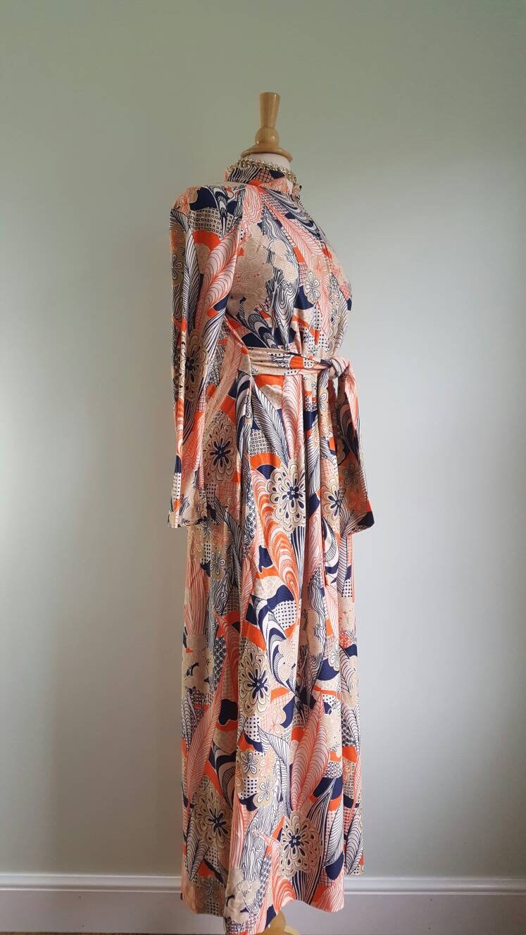 Vintage 1970s long caftan style stretch dress blue and orange | Etsy