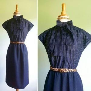 Vintage 1970s does 1940s black dress, 70s does 40s white polka dots, bow, tie and neck, 70s skirt and blouse, shirt dress look