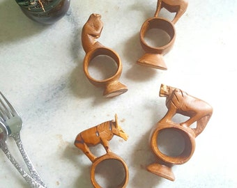 Vintage Kenya Africa hand carved wild animal wood napkin rings, safari dinner party table dining kitchen, lion, hippo, monkey lemur, zebra