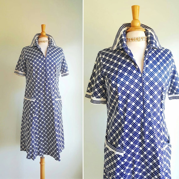 Vintage 1970s does 1930s dark navy blue and white… - image 1