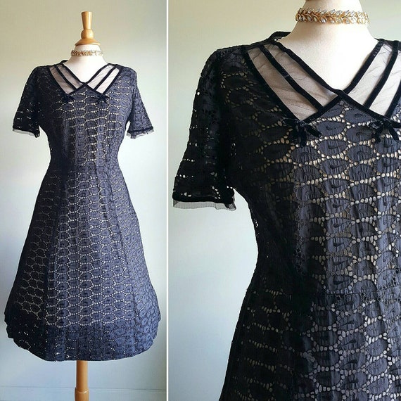 Vintage 1940s 1950s black cotton eyelet lace dress
