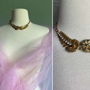 Vintage 1950s 1960s gold tone and rhinestone choker short necklace, floral look, wedding, dress formal or casual