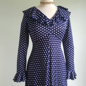 Vintage 1960s 1970s Navy Blue Polka Dot Long Dress, Long Sleeves, White ...