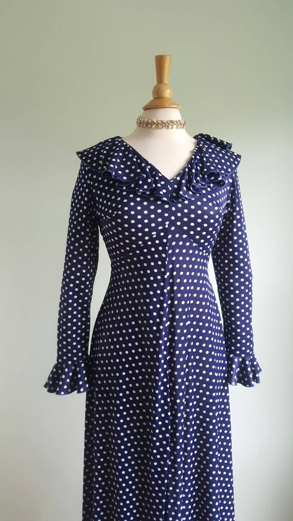 Vintage 1960s 1970s navy blue polka dot long dress, l… - Gem