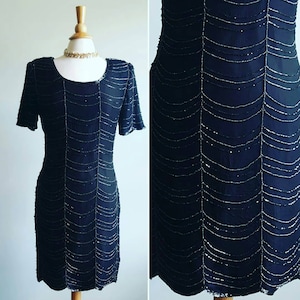 Vintage 1990s does 1930s beaded flapper dress, black silk jeweled spiderweb designs, scalloped hem, art deco 20s 30s look dress, formal