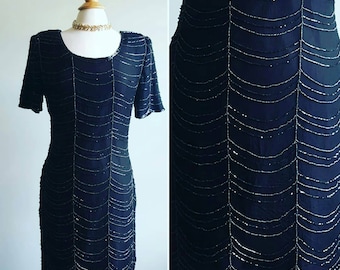 Vintage 1990s does 1930s beaded flapper dress, black silk jeweled spiderweb designs, scalloped hem, art deco 20s 30s look dress, formal