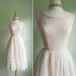Vintage 1950s 1960s pastel blush pink lace dress, princess gown, full circle skirt, fit and flare, wedding bride formal party bridesmaid