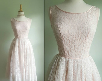 Vintage 1950s 1960s pastel blush pink lace dress, princess gown, full circle skirt, fit and flare, wedding bride formal party bridesmaid