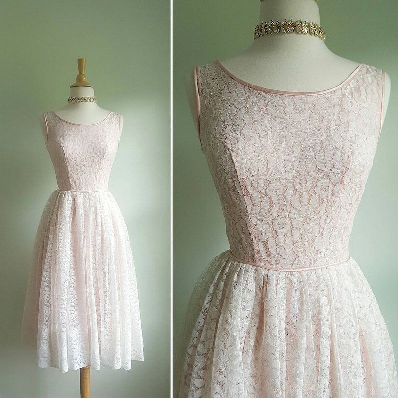 Vintage 1950s 1960s Pastel Blush Pink Lace Dress, Princess Gown, Full