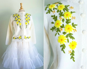 Vintage 1960s floral embroidered cream cardigan sweater, yellow, orange, green, dress or casual, medium large
