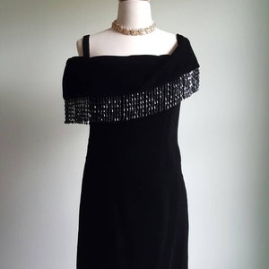 Vintage 1980s does 1920s 1930s black silky velvet deco beaded dress, off shoulder, beaded fringe shawl neck and hem, flapper look, party image 2