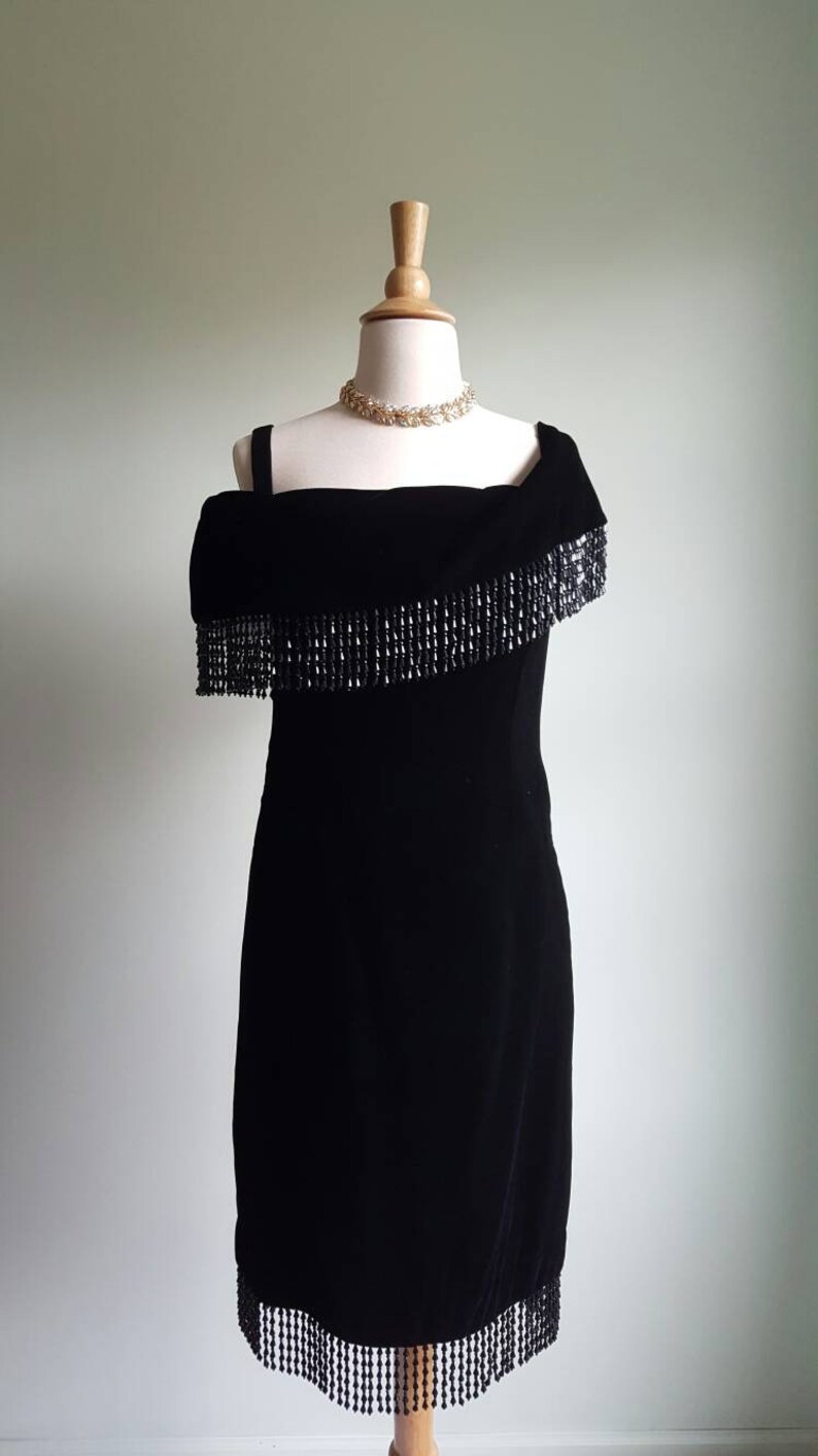 Vintage 1980s does 1920s 1930s black silky velvet deco beaded dress, off shoulder, beaded fringe shawl neck and hem, flapper look, party image 2