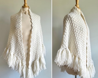Vintage 1960s 1970s cream antique white crochet shawl wrap, ultra full tassel flounce, lacy openwork look formal dress or casual sweater