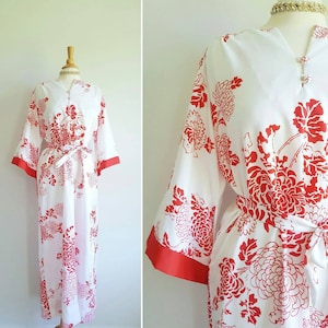 Vintage 1970s Liberty House pake muu long Hawaiian dress, red and white tiki chrysanthemum floral, bell sleeves