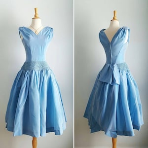 Vintage 1950s periwinkle French blue taffeta formal dress, princess bodice,  V neck, bride wedding gown, fit and flare very full skirt